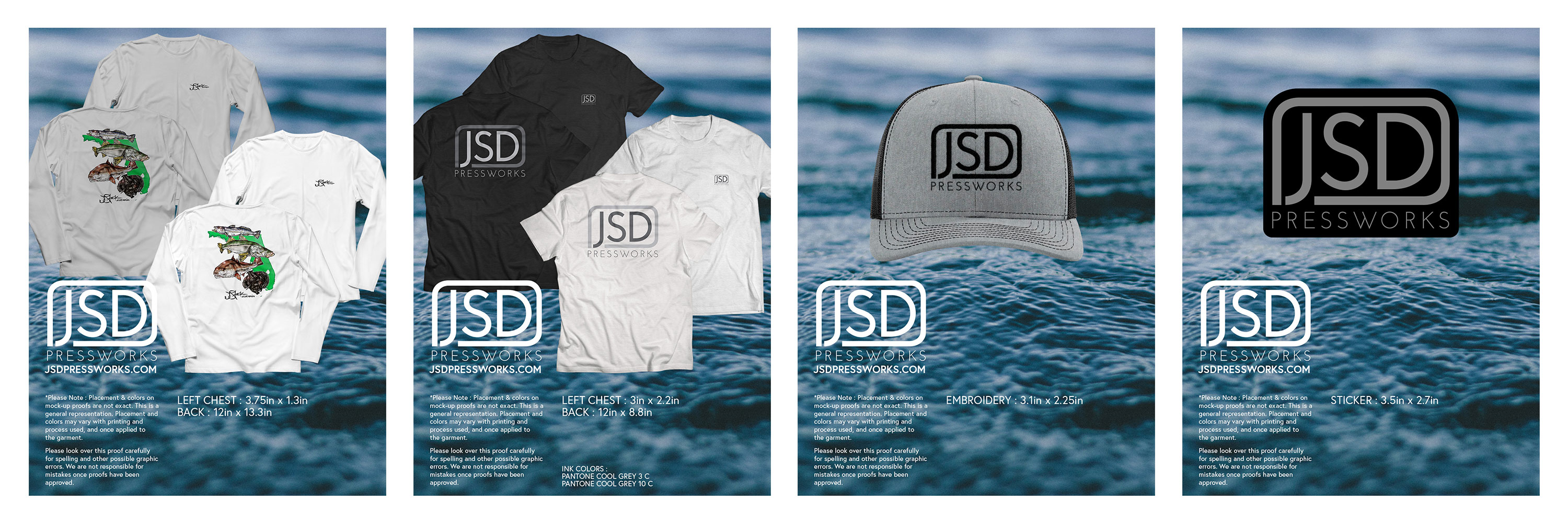 Four example mockups for sublimation printing, silkscreen printing, embroidery, and printed sticker products.