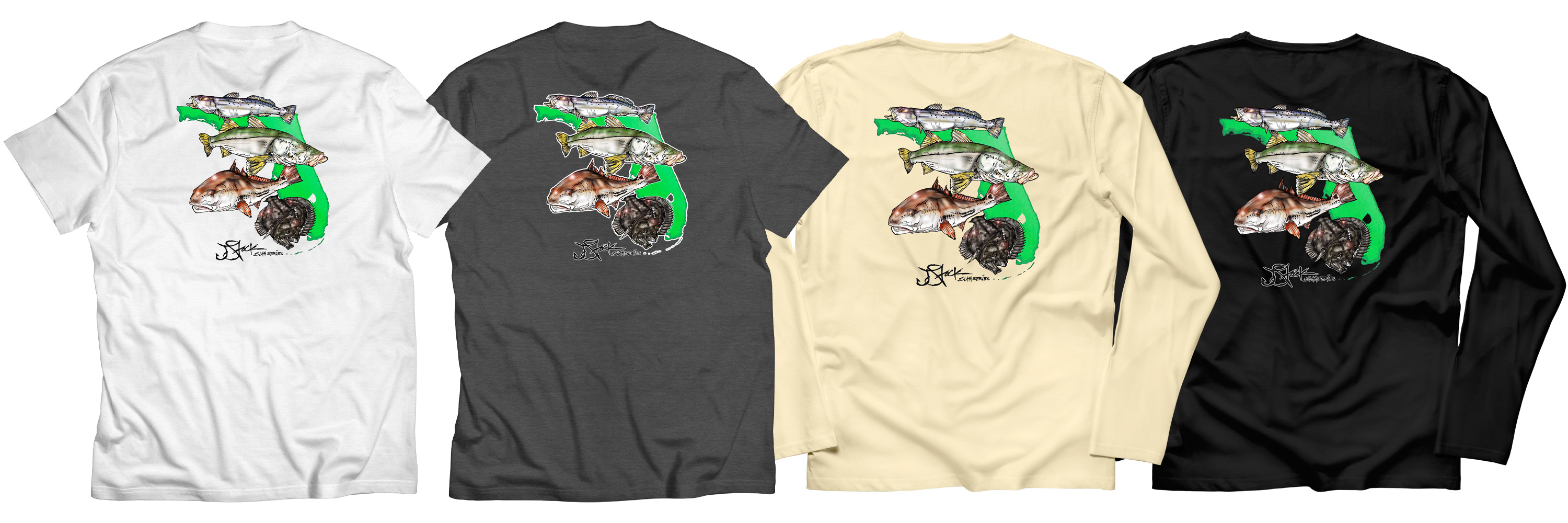 A variety of shirts, both short/long sleeve and light/dark garment colors, with the same design printed, to demonstrate how artwork looks across different materials and colors via the DTF transfer process.
